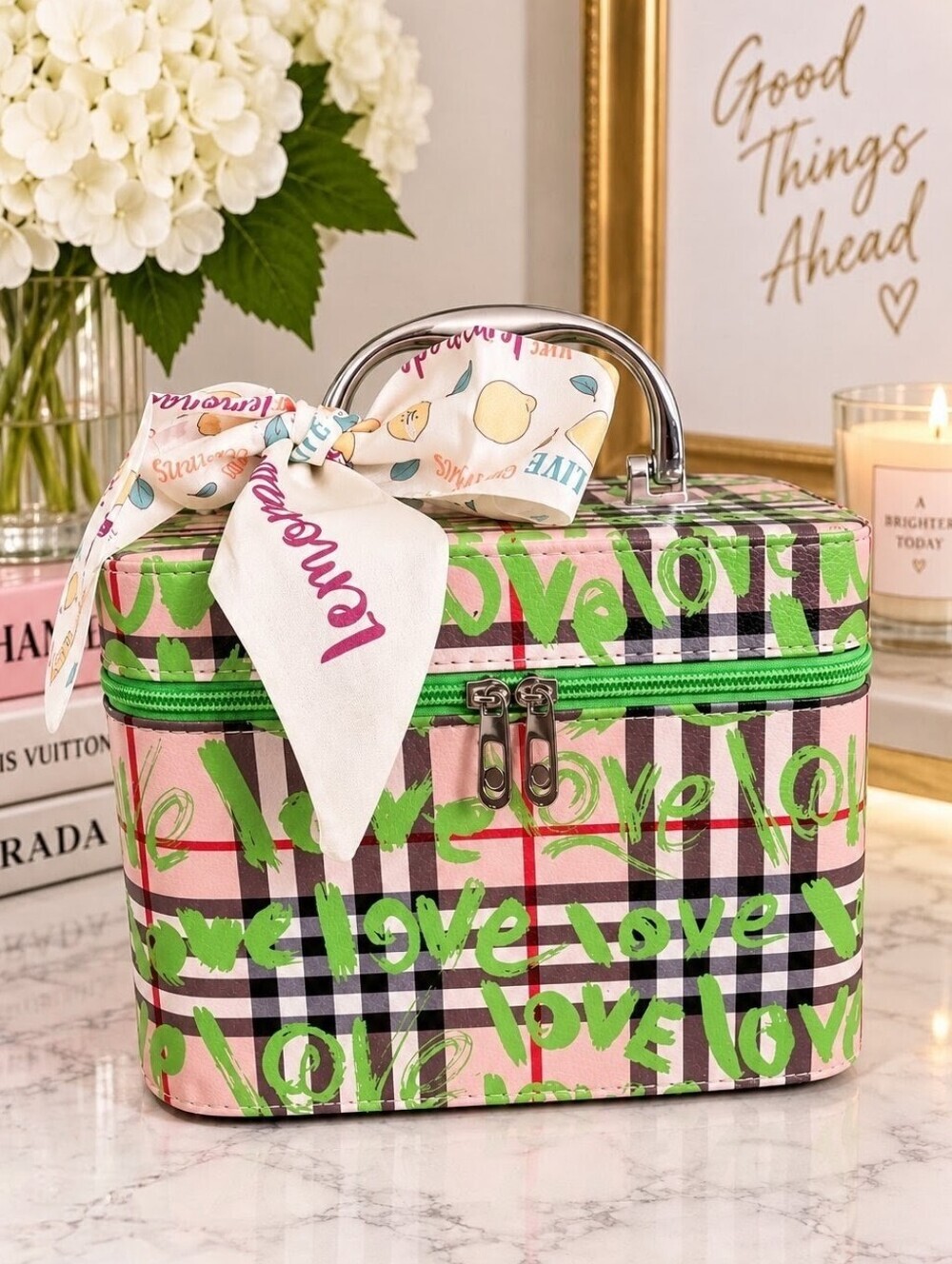 NEW Pink Plaid LOVE Train Case + Lemonade Twilly | Vanity Makeup Travel Case